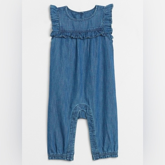 GAP Other - Baby GAP Blue Denim Jumpsuit with Ruffled Neckline